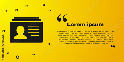 Black Resume icon isolated on yellow background. CV application. Searching professional staff. Analyzing personnel resume. Vector.