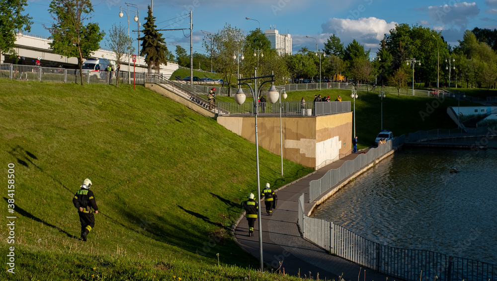 Fototapeta premium May 15, 2020, Moscow, Russia. Rescue personnel during the accident.