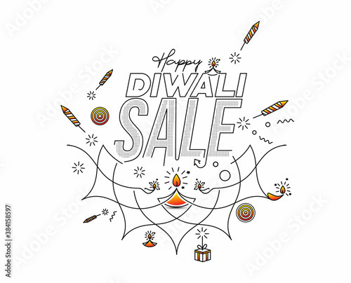 Happy Diwali text with Rocket firecrackers design. Sale Poster Banner Vector illustration.