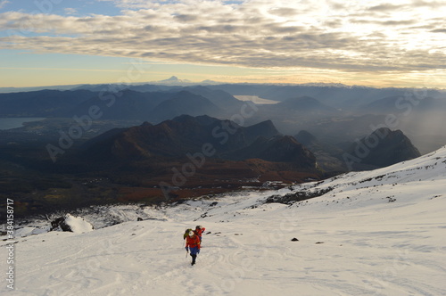 Sunrise mountain climbing on the active Volcan Villarrica in Pucon, Chile