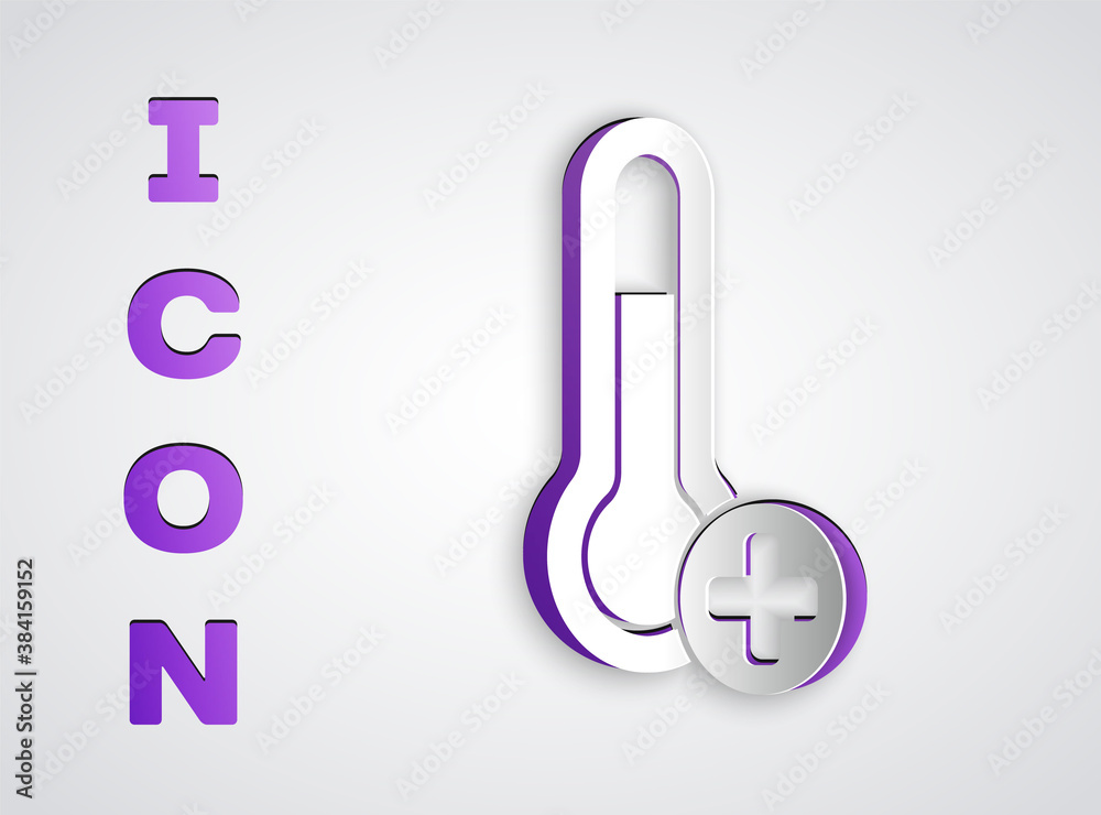 Paper cut Meteorology thermometer measuring icon isolated on grey background. Thermometer equipment showing hot or cold weather. Paper art style. Vector. Paper cut Meteorology thermometer measuring icon isolated on grey background. Thermometer equipment showing hot or cold weather. Paper art style. Vector.