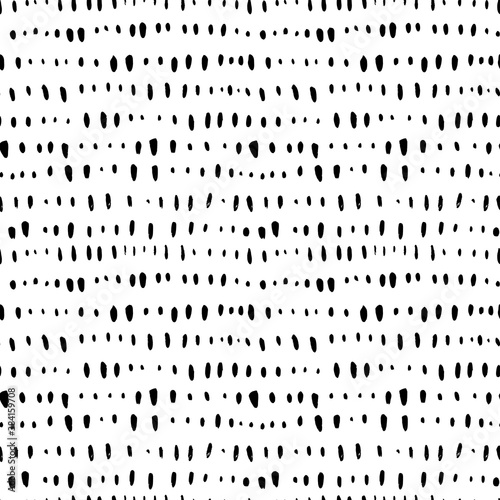 Short vertical lines hand drawn seamless pattern. Black and white simple vector confetti pattern with abstract dashes and lines. Horizontal dotted stripes. Grunge dash stain background for textile
