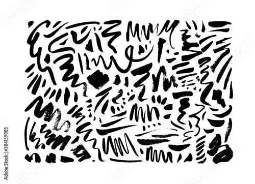 Doodle wavy brush strokes vector collection. Dirty curved lines and dots. Abstract monochrome acrylic swirl smudges, wavy freehand lines isolated on white background. Hand drawn daubs collection