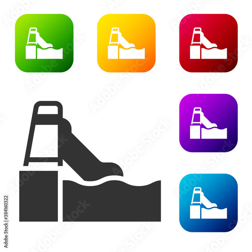 Black Water slide with pool icon isolated on white background. Aquapark. Set icons in color square buttons. Vector.