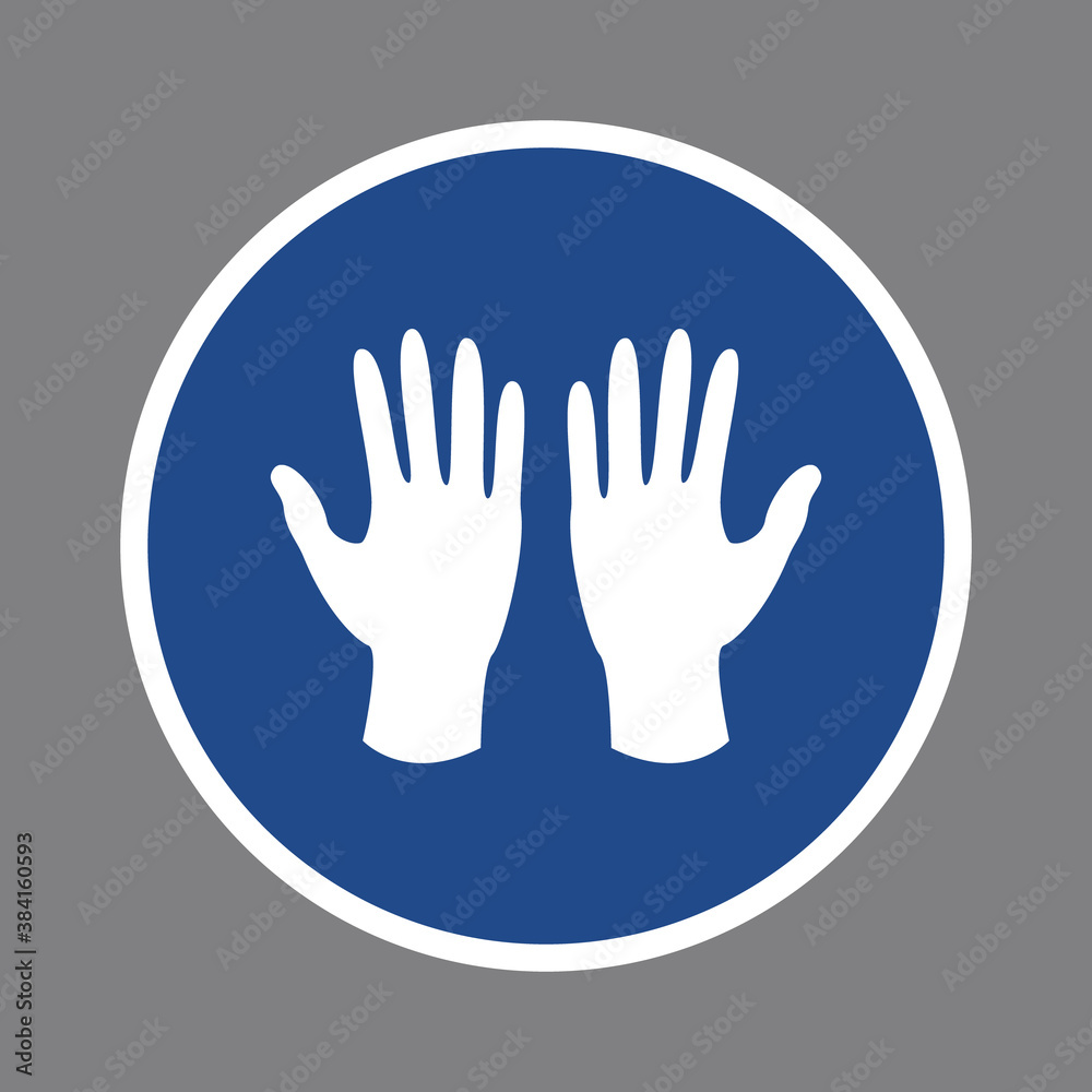 Mandatory circle sign to wear medical gloves to prevent spread of virus, infection, flu. White protection gloves on blue background. Vector illustration. Mandatory circle sign to wear medical gloves to prevent spread of virus, infection, flu. White protection gloves on blue background. Vector illustration.