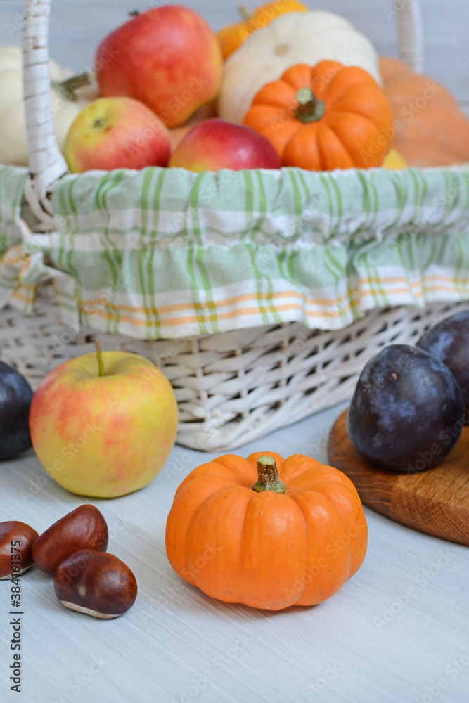 autumn composition for Thanksgiving and Halloween. harvest. basket with white and orange pumpkins of different sizes, plums, apples, cinnamon sticks, chestnuts, wooden table autumn composition for Thanksgiving and Halloween. harvest. basket with white and orange pumpkins of different sizes, plums, apples, cinnamon sticks, chestnuts, wooden table