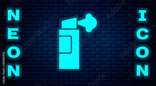 Glowing neon Pepper spray icon isolated on brick wall background. OC gas. Capsicum self defense aerosol. Vector.