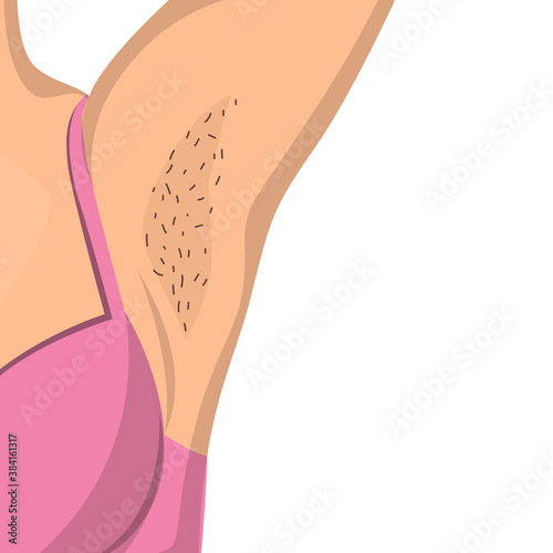 Hairy female armpit vector isolated. Body of the young woman. Black hair, idea of body positive. Pink underwear. Before hair depilation.