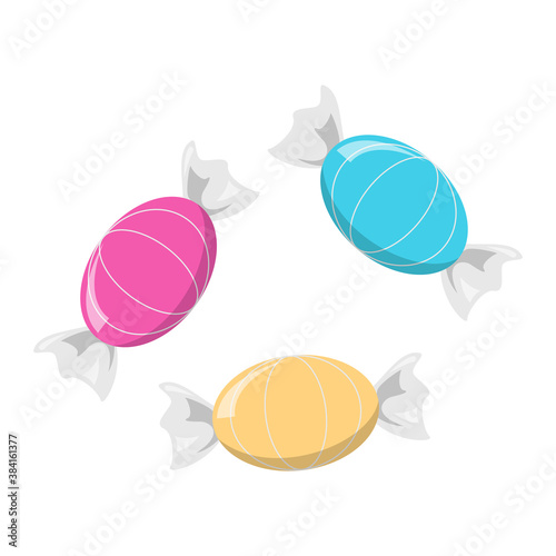 Delicious candies vector isolated. Colorful sweets in wrap, sugar food. Wrapped caramel. Blue, yellow and pink dessert.