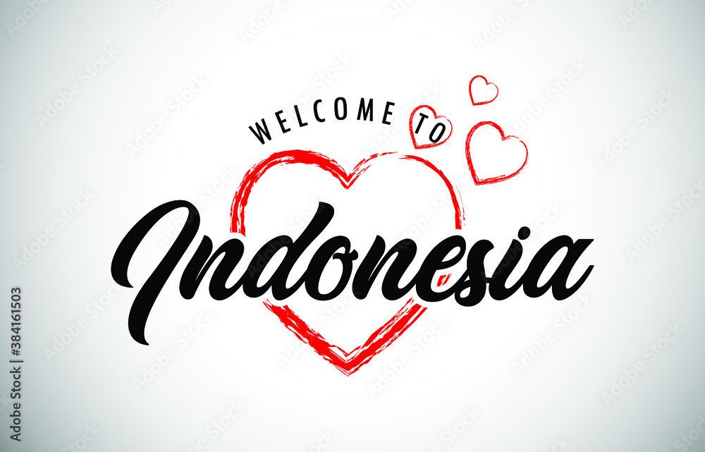 Indonesia Welcome To Message with Handwritten Font in Beautiful Red Hearts Vector Illustration.