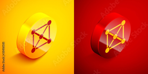 Isometric Blockchain technology icon isolated on orange and red background. Cryptocurrency data. Abstract geometric block chain network technology business. Circle button. Vector.