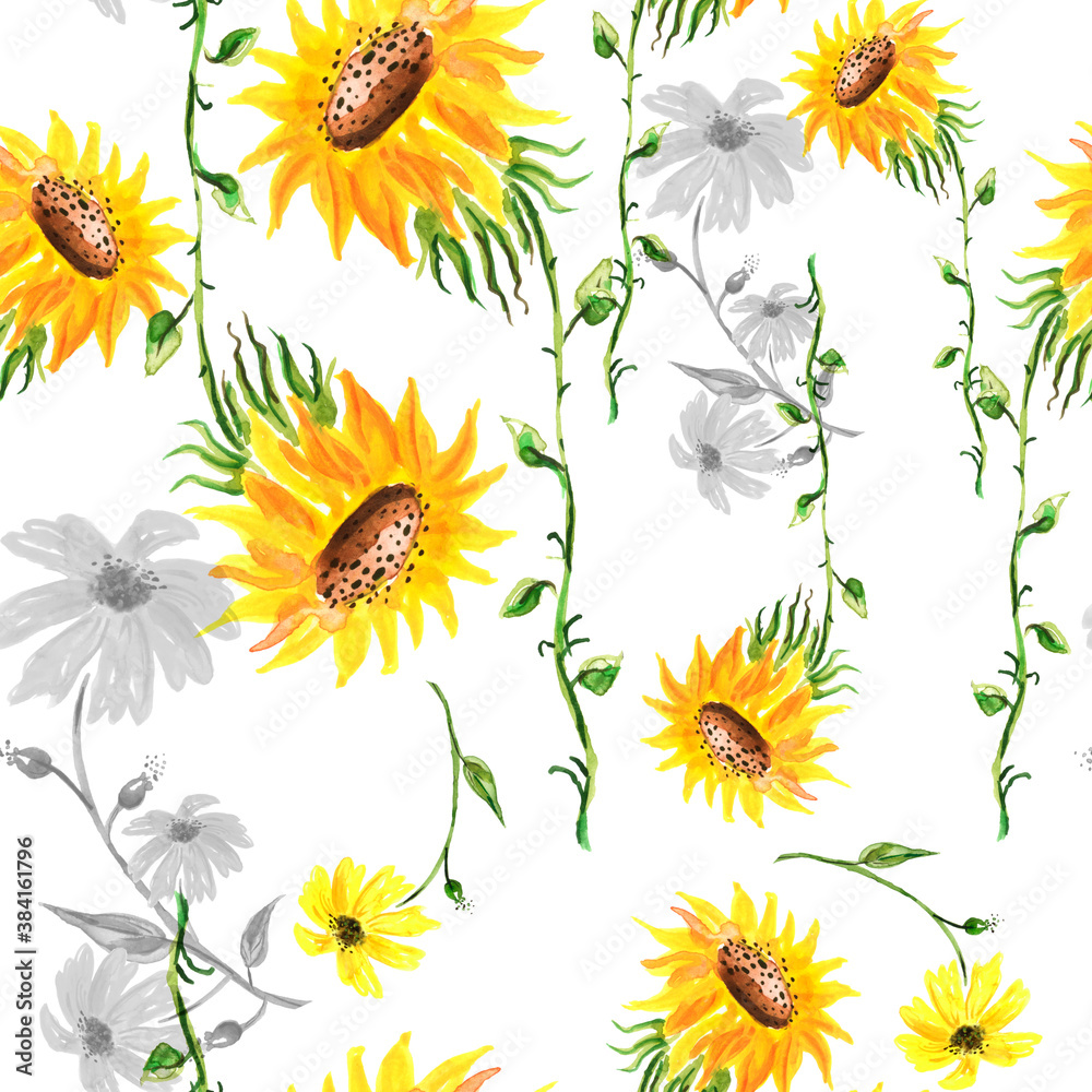 Seamless watercolour sunflowers pattern. Yellow watercolor sunflowers. Autumn plant. Watercolor logo, element, drawing for your design. Sunflower harvest. Sunflower oil. fabric, scarf, material