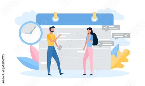 Man and woman make a schedule on the calendar. Employees make a plan. Business graphics tasks scheduling on a week. Time management. Reminder. Task control. Business Flat Vector Illustration photo