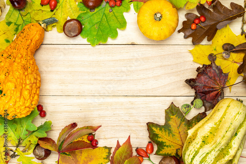 Autumn decor. Natural harvest with orange pumpkin, fall dried leaves, red berries and acorns, chestnuts on wooden background in shape frame. Halloween, Thanksgiving day or seasonal autumnal.