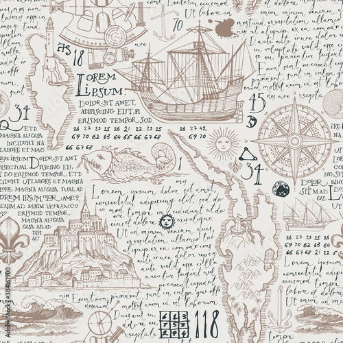 Old manuscript with handwritten text lorem ipsum and hand-drawn islands, sailboats, wind rose in vintage style. Vector abstract seamless pattern on the theme of travel, adventure and discovery