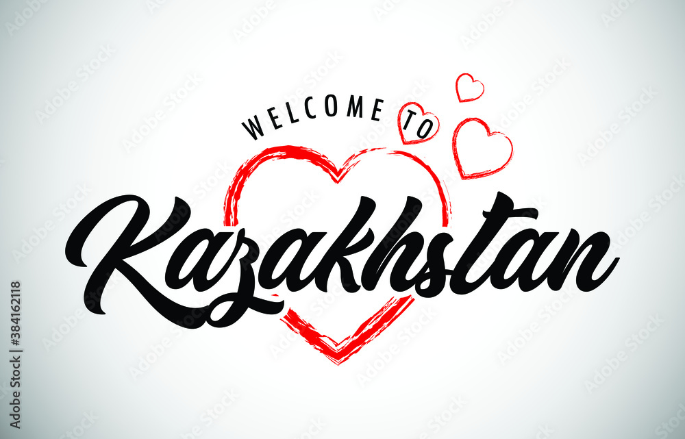 Kazakhstan Welcome To Message with Handwritten Font in Beautiful Red Hearts Vector Illustration.