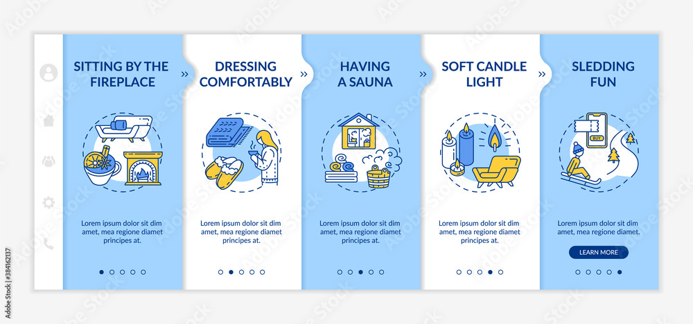 Cozy winter lifestyle onboarding vector template. Sitting by fireplace. Having sauna. Sledding fun. Responsive mobile website with icons. Webpage walkthrough step screens. RGB color concept