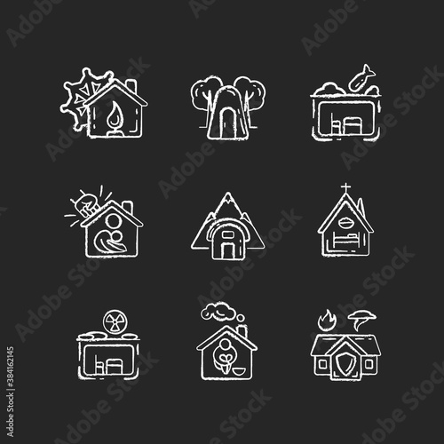 Human shelters chalk white icons set on black background. Temporary residence for homeless people. Night time shelter opportunity. Warming center. Isolated vector chalkboard illustrations