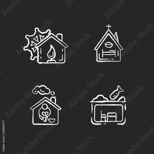 Temporary supportive housing chalk white icons set on black background. Warming center. Religious shelter. Church. Homeless shelter. Supportive housing. Isolated vector chalkboard illustrations