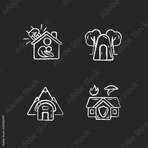 Temporary safe residence chalk white icons set on black background. Domestic violence victims support. Single-person air raid shelter. Emergency shelter. Isolated vector chalkboard illustrations