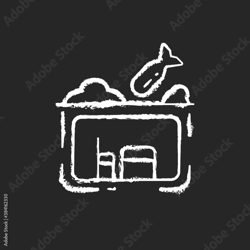 Bomb shelter chalk white icon on black background. Bunker. Civil defence measures. Protection against bomb effects. Nuclear fallout. Room underground. Isolated vector chalkboard illustration