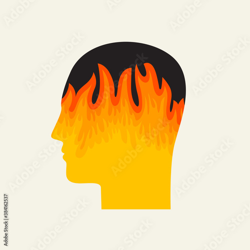Human head in profile with a flame inside. Stress color icon. Frustration. Working burnout. Anger. Angry person. Emotional stress symptom. Isolated vector illustration, banner, icon, logo or avatar