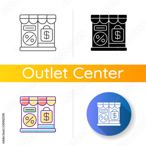 Outlet store icon. Linear black and RGB color styles. Retail business, commercial service. Discount shopping, consumerism. Local shop with special price offer. Isolated vector illustrations