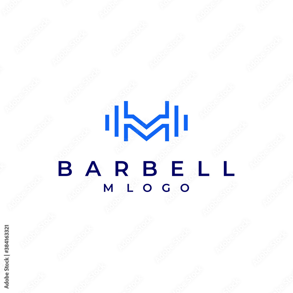 M barbell logo design modern simple clean vector with blue color and white background M barbell logo design modern simple clean vector with blue color and white background