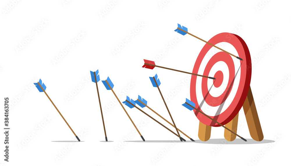 Business challenge failure concept. Lots arrows missed hitting target mark and only one hits the center. Shot miss. Failed inaccurate attempts to hit archery target. Vector illustration.