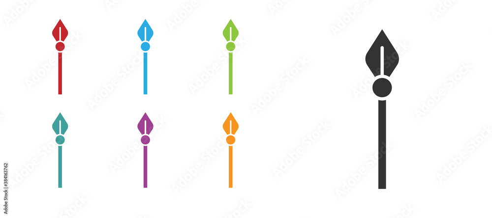 Black Medieval spear icon isolated on white background. Medieval weapon. Set icons colorful. Vector. Black Medieval spear icon isolated on white background. Medieval weapon. Set icons colorful. Vector.