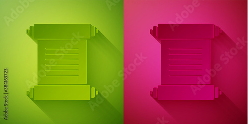 Paper cut Decree, paper, parchment, scroll icon icon isolated on green and pink background. Paper art style. Vector.