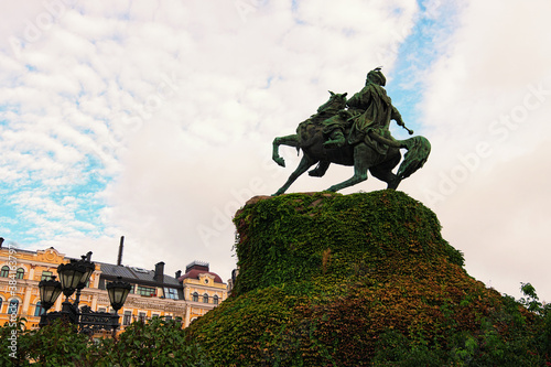 Wide-angle view of Bohdan Khmelnytsky Monument, located almost in the middle of the Sophia Square. It is one of the oldest sculptural monuments. One of the city's symbols. Kyiv, Ukraine photo