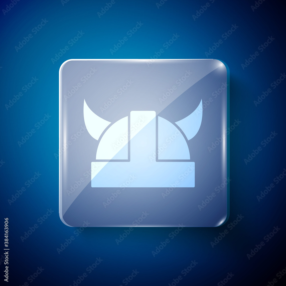 White Viking in horned helmet icon isolated on blue background. Square glass panels. Vector. White Viking in horned helmet icon isolated on blue background. Square glass panels. Vector.