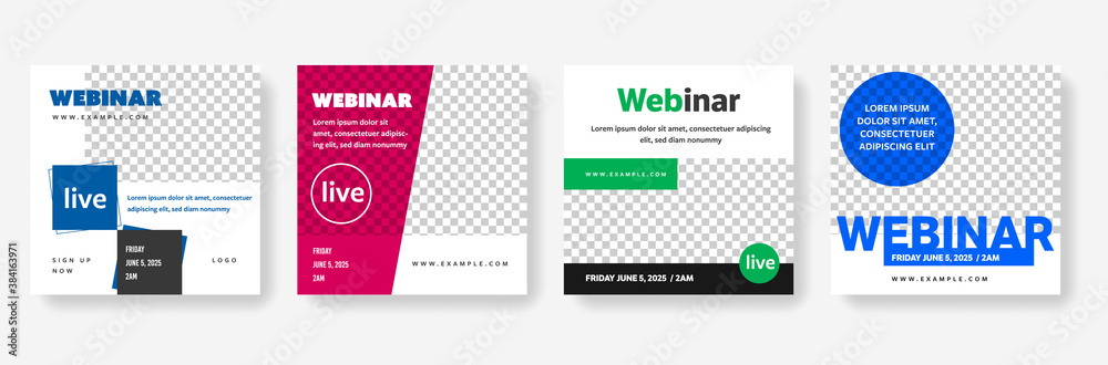 Obraz premium Webinar social media post templates with place for text. Editable square layouts for online course and learning. Remote teaching about technology, vector graphic