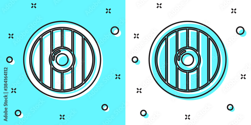 Black line Round wooden shield icon isolated on green and white background. Security, safety, protection, privacy, guard concept. Random dynamic shapes. Vector. Black line Round wooden shield icon isolated on green and white background. Security, safety, protection, privacy, guard concept. Random dynamic shapes. Vector.
