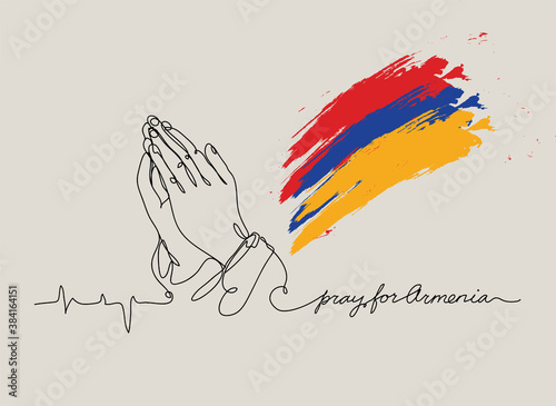Pray for Armenia anti war banner. Peace-loving template for banner. Prayer hands drawn by one line.
