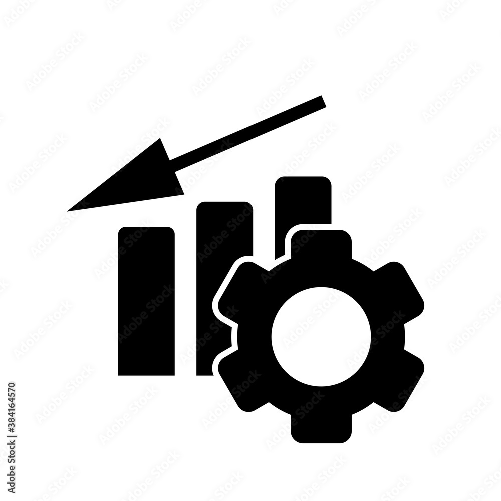 Performance icon, progress, chart, arrow to down and gear in black simple design an isolated on white background. Vector EPS 10