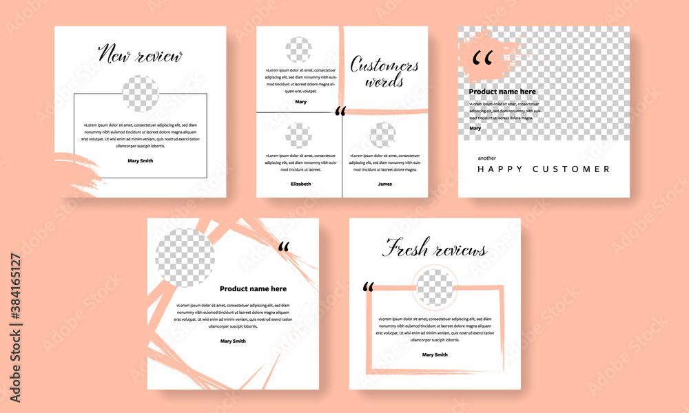 Customer reviews social media post templates with peach background color elements. Clients words about product or services with profile photo placeholder Customer reviews social media post templates with peach background color elements. Clients words about product or services with profile photo placeholder
