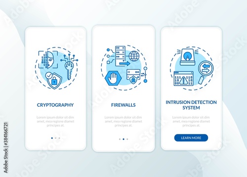 Cybersecurity measures onboarding mobile app page screen with concepts. Cryptography, intrusion detection walkthrough 3 steps graphic instructions. UI vector template with RGB color illustrations