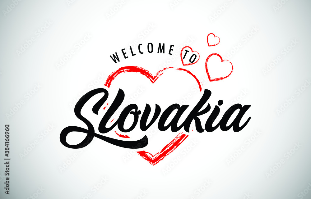 Naklejka premium Slovakia Welcome To Message with Handwritten Font in Beautiful Red Hearts Vector Illustration.