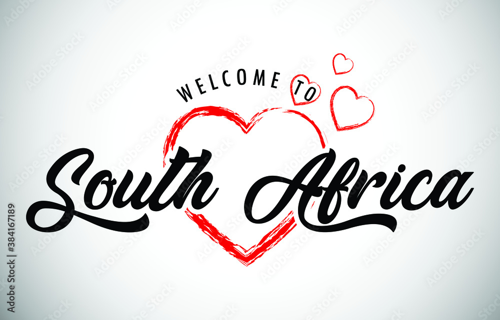 South Africa Welcome To Message with Handwritten Font in Beautiful Red Hearts Vector Illustration.