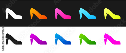 Set Woman shoe with high heel icon isolated on black and white background. Vector.