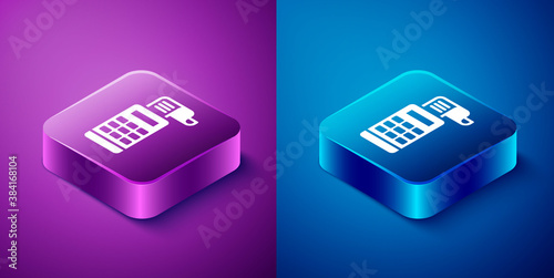 Isometric Cash register machine with a check icon isolated on blue and purple background. Cashier sign. Cashbox symbol. Square button. Vector.