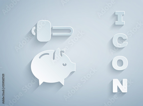 Paper cut Piggy bank and hammer icon isolated on grey background. Icon saving or accumulation of money, investment. Paper art style. Vector.