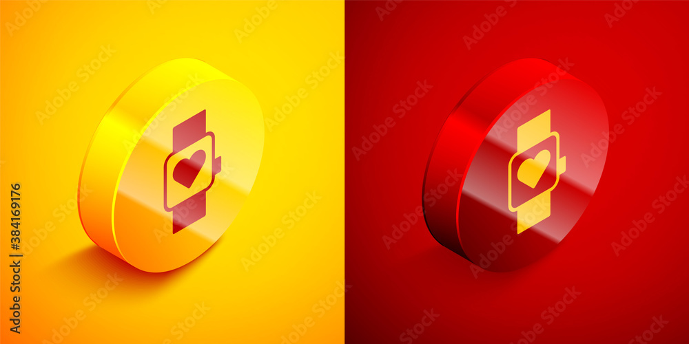 Isometric Smart watch showing heart beat rate icon isolated on orange and red background. Fitness App concept. Circle button. Vector.