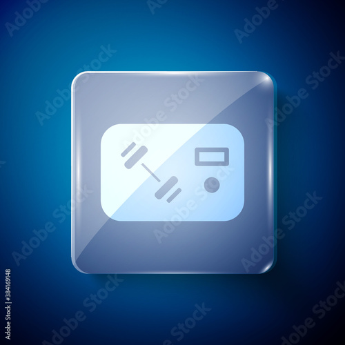 White Fitness club, gym card icon isolated on blue background. Square glass panels. Vector.