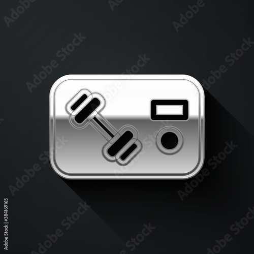 Silver Fitness club, gym card icon isolated on black background. Long shadow style. Vector.