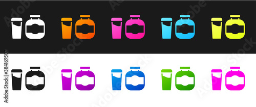 Set Sports nutrition bodybuilding proteine power drink and food icon isolated on black and white background. Vector.