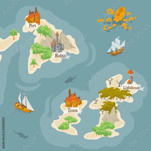 Map builder illustrations for fantasy and medieval cartography and adventure games, landmark scene mapped