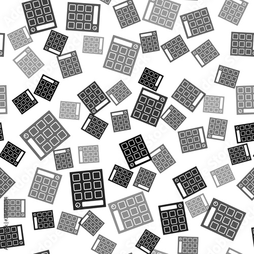 Black Drum machine music producer equipment icon isolated seamless pattern on white background. Vector.